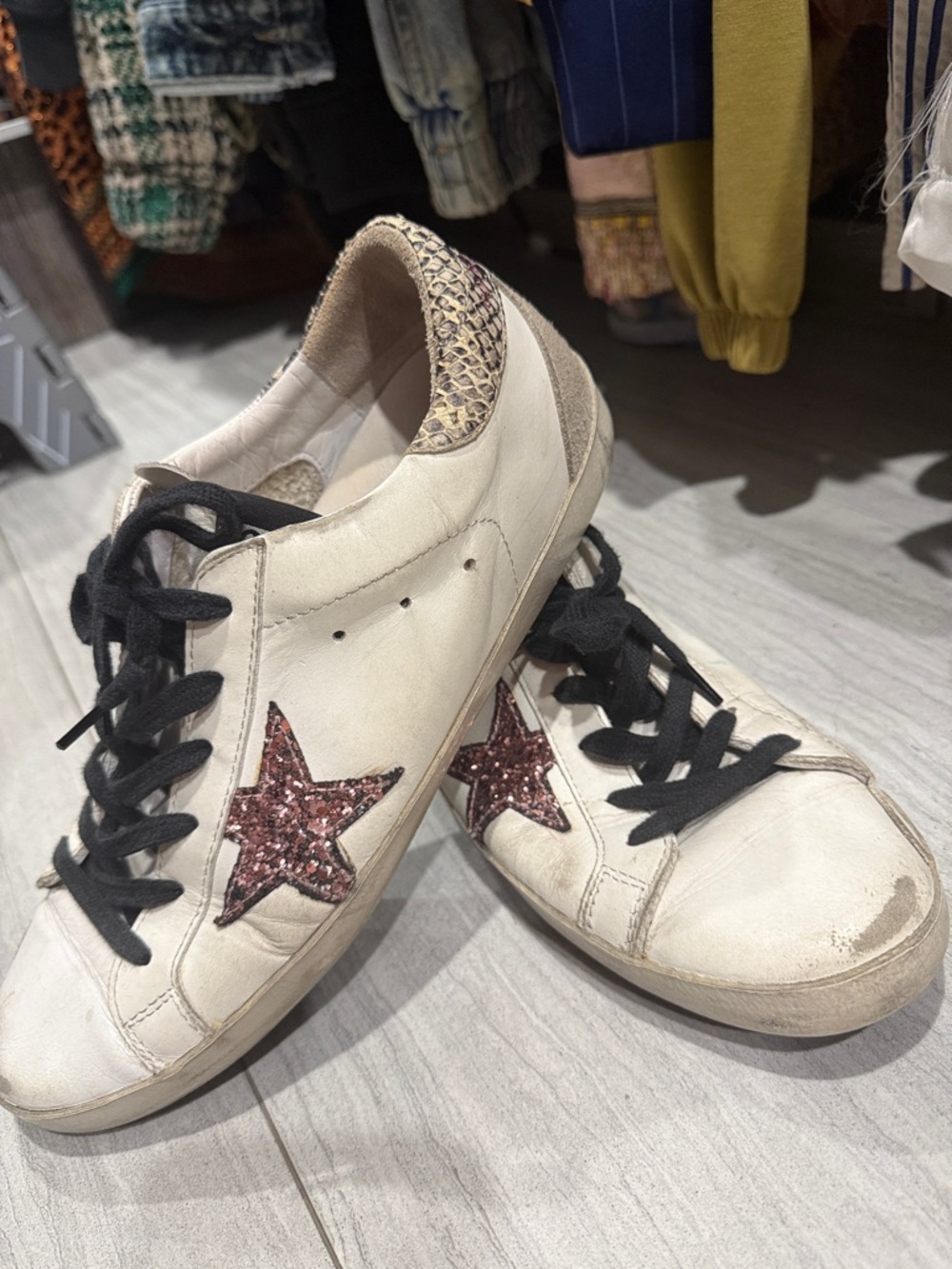 Golden Goose White Leather Sneakers with Pink Glitter Star